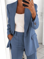 Ins Button Casual Suit Fashion Long-sleeved Lapel Blazer Jacket And Slim-fit Pocket Trousers For Women Clothing