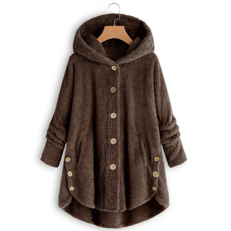 Plus Size Women's Vintage Sherpa Hooded Cardigan Plush Lined Button Up Jacket For Autumn And Winter