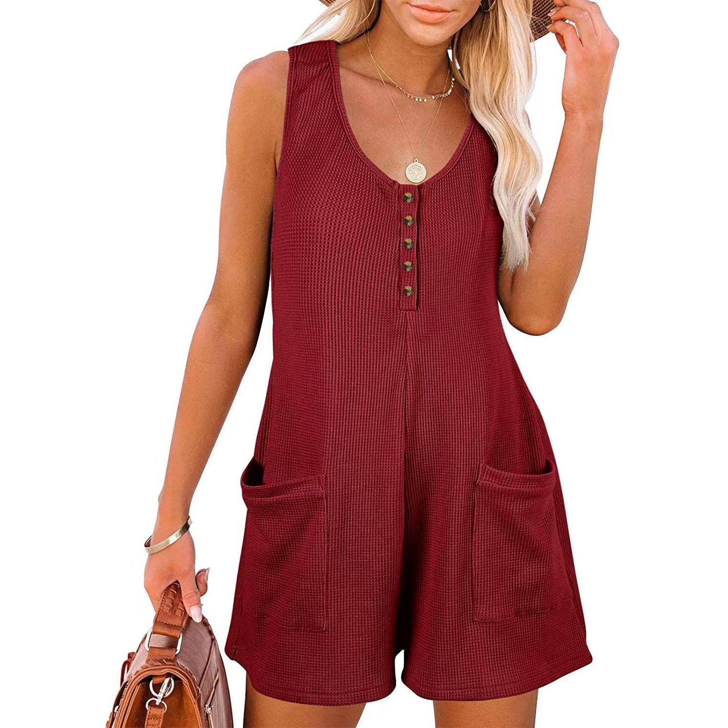 European American Summer New Women's Loose Casual Button Pocket Vest Jumpsuit