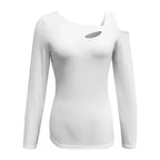 Women's Cut Out Off Shoulder Top - Long Sleeve Plain Tee For Holiday, Spring & Autumn