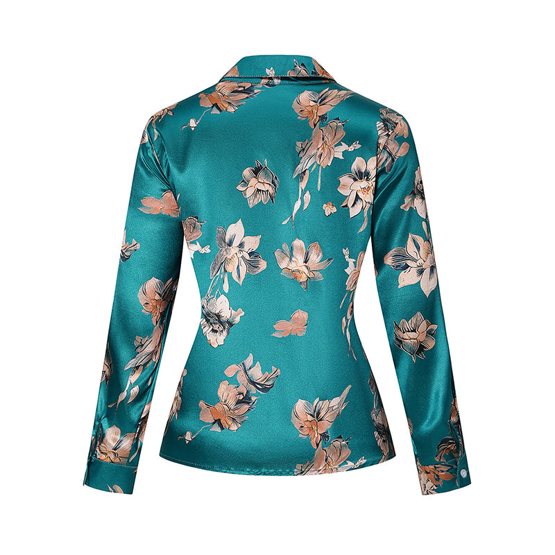 Women's Elegant Satin Lapel Long Sleeve Full Button Shirt Spring Autumn Fashion Tapered Waist Design With Sheen