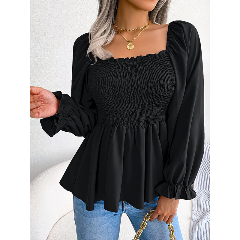 Women's Peplum Tops Square Neck Ruffle Trim Long Sleeve Blouse Smocked Top Dressy Casual Shirts