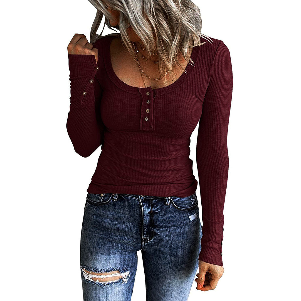 Women's Button Vest Color V-neck Long Sleeve Top