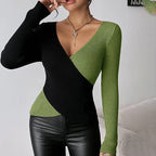 Women's Elegant V-Neck Cross Front Sweater, Color Block Knit Top For Spring And Fall Layering