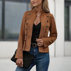 Women's Stand Collar Double-Breasted Jacket - Solid Color Long Sleeve Streetwear Coat Lightweight Spring&Fall Fashion