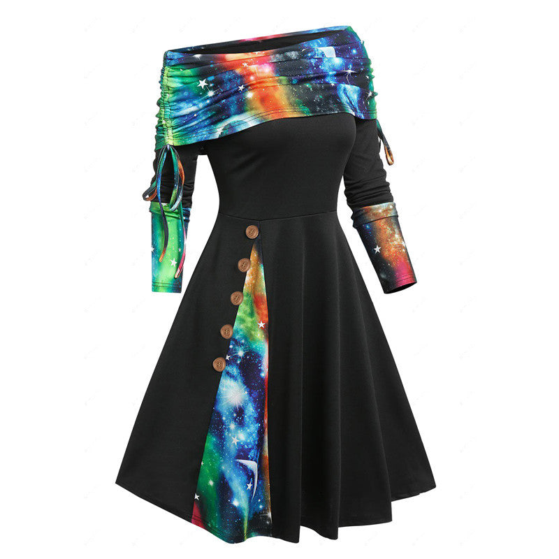 Autumn And Winter New Fashion Women's Waist Large Swing One Shoulder Long-sleeved Dress Female