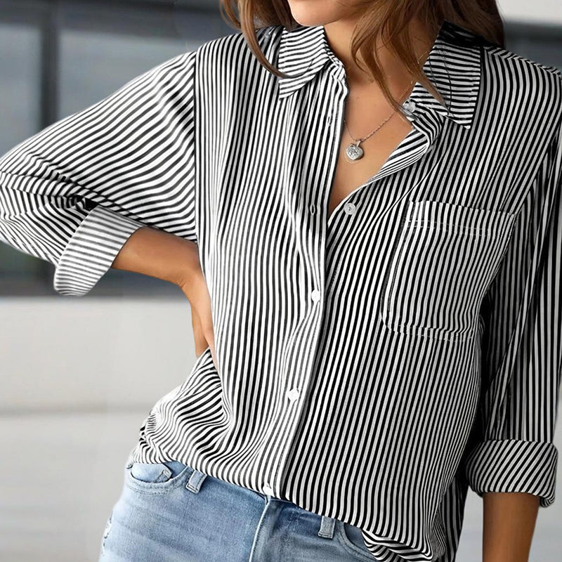 Women's Elegant Striped Long Sleeve Shirt - Pointed Lapel Collar With Chest Pocket, Button-Up Casual Blouse For Spring&Fall