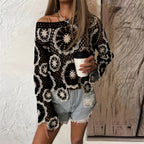 Women's Crochet Lace Yoke Sweater, Geometric Pattern Long Sleeve Pullover With Eyelet Embroidered Trim