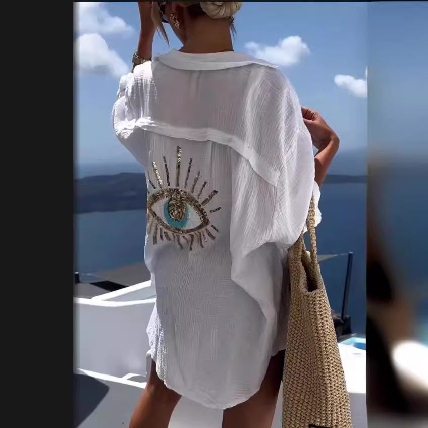Women's Outdoor Beach Shirt Casual Sequin Beaded Shirt