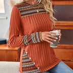 Women's Elegant Geometric Pattern Pullover - Lightweight Long Sleeve Button Blouse For Casual Outfits
