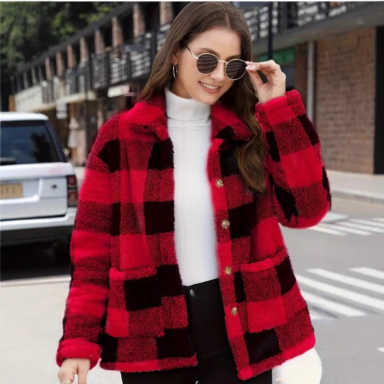 Women's Plaid Plush Long-sleeved Winter Fashion Casual Jacket