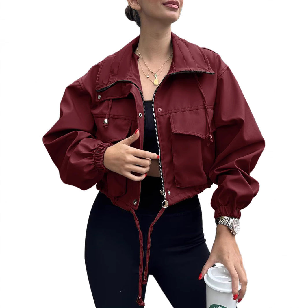 Solid Color Women's Short Jacket Zipper Trench Coat