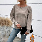 Women's Textured Round Neck Long Sleeve Top - Casual Solid Pullover For Spring & Fall