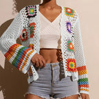 Women's Elegant Crochet Cardigan - Long Sleeve Open Front Vibrant Color Block Coat