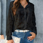 Womens Casual Sheer Button Down Shirts Long Sleeve V Neck Jacquard Blouses Tops