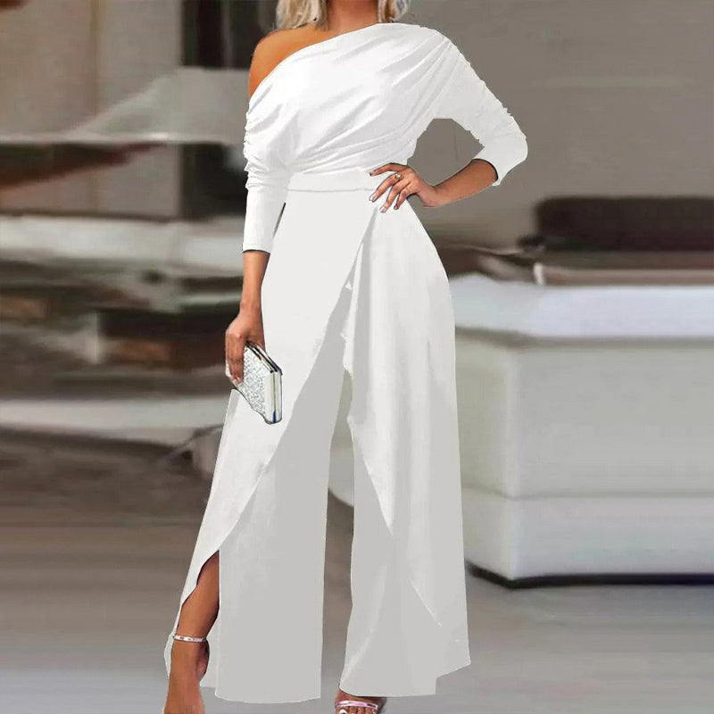 Women's Elegant One-Shoulder Jumpsuit With Long Sleeves & Pants Slit Pleated Waist Formal & Party For Spring&Summer