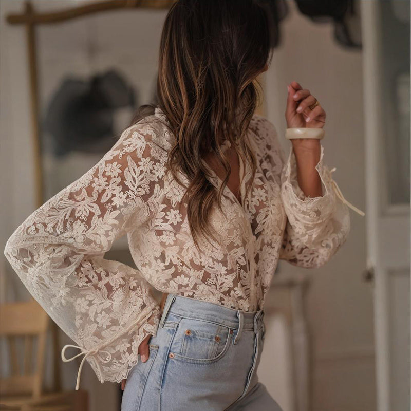 Women's Solid Color V-Neck Long Sleeve Blouse Floral Lace Embroidery Ruffled Neckline & Cuffs Drawstring Sleeves Button Front Semi-Sheer Elegant Summer Top