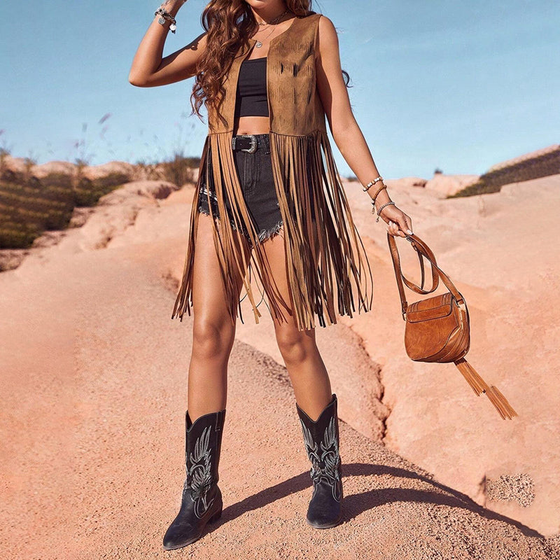 Women's Solid Color Elegant Western Fringe Vest - Round Neck Side Slit Hem With Boho Tassel Details