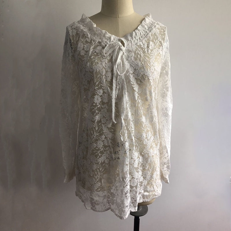 Women's Floral Embroidered Mesh Lace Blouse, Long Sleeve Boho Top, Casual Dressy Shirt