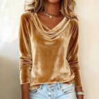 Fashion Women's Solid Color Draped Neck Long Sleeve Velvet T-shirt