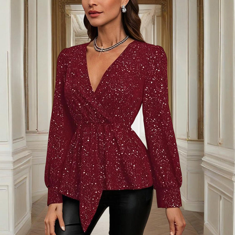 Women's Asymmetrical Hem Solid Color V-Neck Long Sleeve Blouse - Stylish Casual Flash Top For Spring&Fall