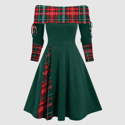 Autumn And Winter New Fashion Women's Waist Large Swing One Shoulder Long-sleeved Dress Female