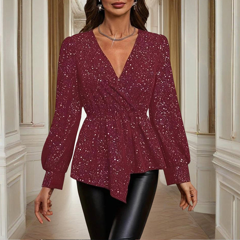 Women's Asymmetrical Hem Solid Color V-Neck Long Sleeve Blouse - Stylish Casual Flash Top For Spring&Fall