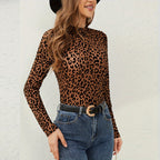 Women's Solid Color Stand Collar Long Sleeve Fitted Top, Sheer Leopard Print Pattern, Layering Base For Spring And Autumn