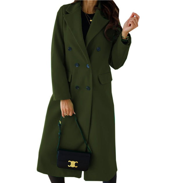 Women's Fashion Simple Double Breasted Long Sleeve Lapel Button Woolen Coat