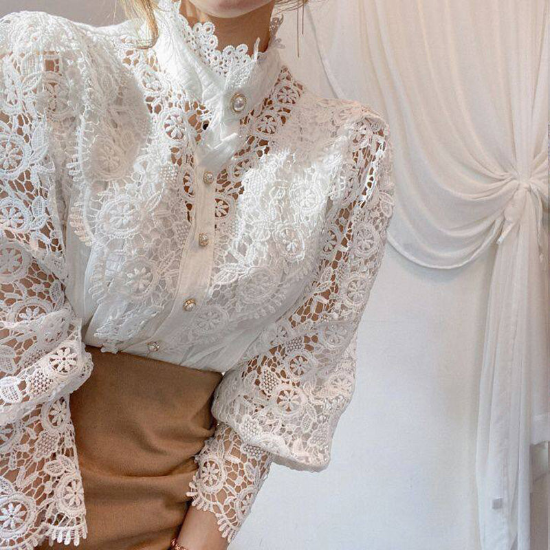 Elegant Women's Vintage Pearl Button Lace Blouse - Puff Sleeve Semi-Sheer Ruffled Stand Collar Shirt Spring&Summer Office & Vacation Top