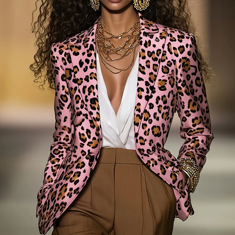 Women's Pink Leopard Blazer Long Sleeve Button Front Notch Lapel Jacket For Casual Office Work Wear