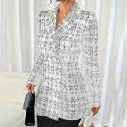 Elegant Women's Plaid Double-Breasted Blazer, Notch Lapel Long Sleeve Tweed Jacket For Office And Casual Wear