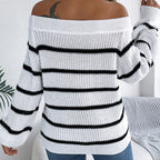 Women's Off The Shoulder Sweater - 2025 Fall Winter Striped Long Sleeve Pullover Top