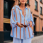 Women's Casual Striped Button-Down Shirt With Drop Sleeves Comfortable Loose-Fit Long Sleeve Top For Spring & Fall