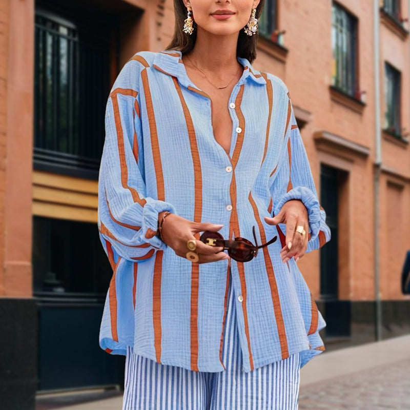 Women's Casual Striped Button-Down Shirt With Drop Sleeves Comfortable Loose-Fit Long Sleeve Top For Spring & Fall