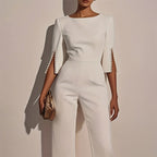 Women's Elegant Round Neck Jumpsuit - Mid-Sleeve With Side Slit Cuffs & Pearl Accents, Back Zipper Design For Casual To Formal Events