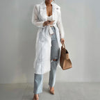 Women's Solid Color Half Sheer Long Sleeve Cardigan With Buttons & Belt - Lightweight Cover-Up For Summer