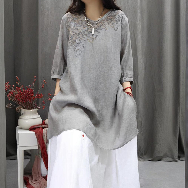 Women's Solid Color Round Neck Embroidered Long Sleeve T-Shirt - Vintage Floral Design Spring Summer Casual Comfort