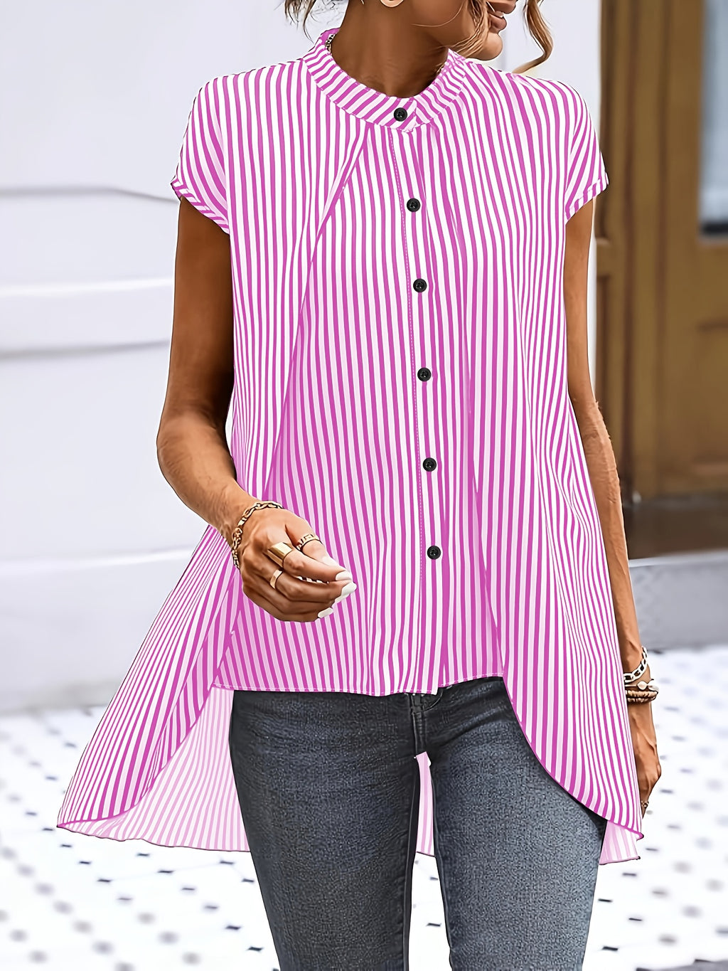 Black And White Striped Fake Two-piece Short-sleeved Shirt, Round-neck Front-buttoned Shirt