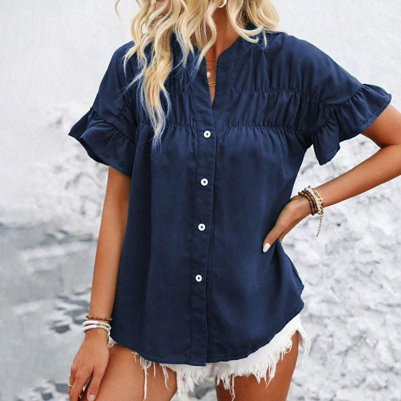 Women's Summer Casual Shirt - Button Front, Pleated Design With Lace Trim, Solid Color Top