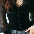 Women's Velvet & Lace Trim Top V-Neck Long Sleeve Blouse With Button Accent For Autumn And Winter