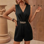 Women's Elegant Sleeveless V-Neck Jumpsuit Solid Color One-Piece With Belt Pockets & Metallic Chain Detail For Casual Wear