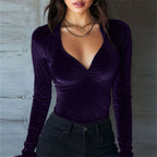Women's Sexy Solid Color Velvet V-Neck Top, Sequin Detail Long Sleeve Blouse For Layering And Holiday Wear