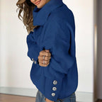 Women's Solid Color High-Neck Sweater - Button Cuff Detail, Cozy Fall&Winter Loose-Fit Top