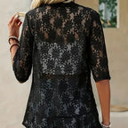 Women's Floral Lace 3 4 Sleeve Bolero Shrugs Sheer Open Front Cardigan Blazer