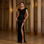 Sleeveless Round Neck Sequins Slim Fit Slit Evening Gown