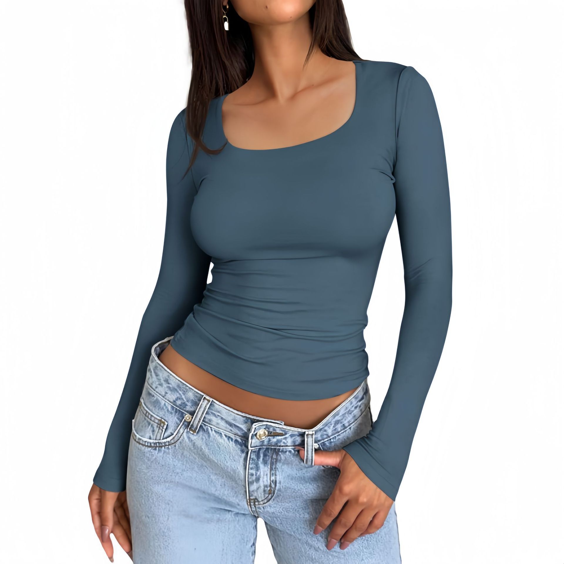 Solid Color Double Layer Square Collar Slimming Sexy Long Sleeve Women's T-shirt