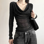 Women's Sparkly Mesh Top - Long Sleeve See Through Sexy Blouse For Party & Club