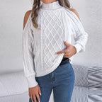 Women's Solid Color Off-Shoulder Cable Knit Sweater, High Neck Long Sleeve Pullover For Spring And Fall