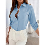Womens Button Down Shirts V Neck Rolled Up Long Sleeve Tops Elegant Dressy Blouses Business Casual Outfits